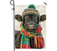 Graziosa bandiera da giardino con mucca nera, decorazione invernale per le vacanze con sciarpa e cappello, bandiera da cortile in iuta su entrambi i lati, per decorazione esterna del prato, 30,5 x