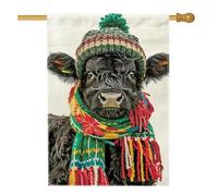 Graziosa bandiera da giardino con mucca nera, decorazione invernale per le vacanze con sciarpa e cappello, bandiera da cortile in iuta su entrambi i lati, per decorazione esterna del prato, 71 x 101