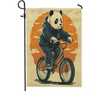 Graziosa bandiera da giardino con panda che cavalca le biciclette, bandiera arancione vintage con animali per esterni, bandiera su entrambi i lati in iuta per cortile, decorazione per feste stagionali