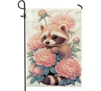 Graziosa bandiera da giardino con procione e peonia, decorazione floreale per la casa e il giardino, bandiera da giardino in iuta su entrambi i lati, per primavera, decorazione per prato all'aperto