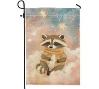 Graziosa bandiera da giardino con procioni, accogliente decorazione marrone con nuvole di animali per autunno inverno, striscione in iuta su entrambi i lati per decorazione esterna del prato 30,5 x
