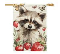 Graziosa bandiera da giardino con procioni, fragole rosse e farfalle, decorazione per esterni, decorazione stagionale su entrambi i lati, 71 x 101 cm