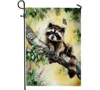 Graziosa bandiera da giardino con procioni, striscione da giardino con animali floreali gialli, decorazione per esterni in iuta su entrambi i lati, per primavera estate e prato, 30,5 x 45,7 cm