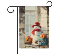 Graziosa bandiera da giardino con pupazzo di neve e finestra della vecchia casa, in iuta su entrambi i lati, 30,5 x 45,7 cm