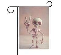 Graziosa bandiera da giardino con scheletro stravagante che fa il segno della pace, bandiera stagionale per le vacanze in iuta su entrambi i lati, per casa, cortile, esterni, 30,5 x 45,7 cm