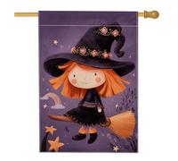 Graziosa bandiera da giardino con strega, bandiera viola per Halloween con stelle, bandiera da cortile in iuta su entrambi i lati, per decorazione esterna del prato, 71 x 101 cm