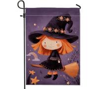 Graziosa bandiera da giardino con strega, bandiera viola per Halloween con stelle, bandiera da cortile in iuta su entrambi i lati, per decorazione esterna del prato, 30,5 x 45,7 cm