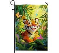 Graziosa bandiera da giardino con tigre in stile cartone animato, decorazione floreale per esterni, bandiera stagionale su entrambi i lati, per la decorazione della casa e del cortile, 30,5 x 45,7 cm