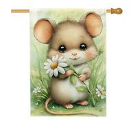 Graziosa bandiera da giardino con topolino primaverile, adorabile topo marrone con fiore di crisantemo, striscione decorativo per la casa, bandiera da cortile in iuta su entrambi i lati, per