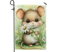 Graziosa bandiera da giardino con topolino primaverile, adorabile topo marrone con fiore di crisantemo, striscione decorativo per la casa, bandiera da cortile in iuta su entrambi i lati, per