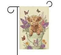 Graziosa bandiera da giardino con vitello delle Highland in secchio, in iuta su entrambi i lati, 30,5 x 45,7 cm