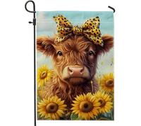 Graziosa bandiera da giardino con vitello, mucca marrone con fiocco girasoli decorazione per esterni, striscione stagionale per prato su entrambi i lati, decorazione per le vacanze in stile fattoria