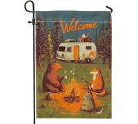 Graziosa bandiera da giardino di benvenuto con animali della foresta, decorazione colorata da campeggio per casa estiva all'aperto, bandiera da cortile in iuta con orso, volpe e riccio, 30,5 x 45,7 cm
