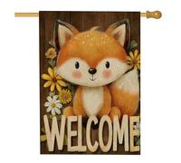 Graziosa bandiera da giardino di benvenuto con volpe, decorazione primaverile con animali del bosco arancione, decorazione floreale su entrambi i lati, per feste all'aperto sul prato, 71 x 101 cm