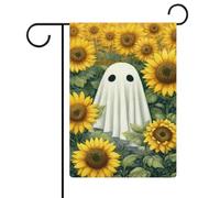 Graziosa bandiera da giardino fantasma in mezzo ai girasoli per vacanze stagionali in iuta double face per casa cortile bandiere esterne 30,5 x 45,7 cm