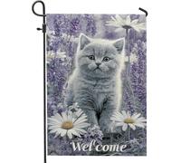 Graziosa bandiera da giardino floreale con gattino grigio, striscione da giardino con margherite viola e lavanda, decorazione per la casa su entrambi i lati, decorazione per la casa primaverile ed