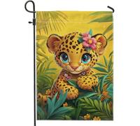Graziosa bandiera da giardino leopardata, bandiera gialla con animali della giungla, decorazione per esterni, double face, decorazione per la casa, per prato e cortile, per camera dei bambini, tema