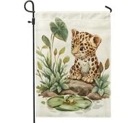 Graziosa bandiera da giardino leopardata e anfibi, decorazione colorata con animali per primavera ed estate, striscione per esterni in iuta su entrambi i lati, decorazione per prato con scena naturale