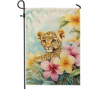 Graziosa bandiera da giardino leopardata, fiori tropicali colorati, decorazione per esterni, bandiera in iuta su entrambi i lati per casa e cortile, decorazione estiva a tema animale per prato 30,5 x