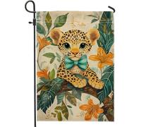 Graziosa bandiera da giardino leopardata, motivo floreale con foglie gialle, decorazione per la casa, in iuta su entrambi i lati, decorazione stagionale per esterni, perfetta per feste primaverili ed