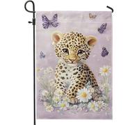 Graziosa bandiera da giardino leopardata, motivo leopardato viola, decorazione per esterni, in morbido tessuto su entrambi i lati, per decorare il prato, 30,5 x 45,7 cm