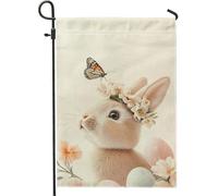 Graziosa bandiera da giardino primaverile con coniglio, farfalla e coniglio, decorazione floreale per esterni, bandiera da cortile in iuta su entrambi i lati, per decorazioni pasquali, 30 x 45 cm
