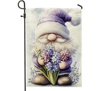 Graziosa bandiera da giardino primaverile, gnomo viola con fiori, decorazione da cortile, striscione in iuta su entrambi i lati per decorazioni per la casa all'aperto, bandiera per prato stagionale