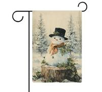 Graziosa bandiera da giardino vintage con pupazzo di neve su un ceppo d'albero, in iuta su entrambi i lati, 30,5 x 45,7 cm