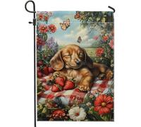 Graziosa bandiera estiva da giardino, allegra bassotto e fragole, decorazione floreale per esterni, striscione per prato in iuta su entrambi i lati per la decorazione della casa, 30,5 x 45,7 cm