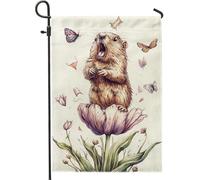 Graziosa bandiera floreale da giardino primaverile, decorazione marrone con marmotta e farfalla, decorazione su entrambi i lati in iuta per esterni, 30,5 x 45,7 cm