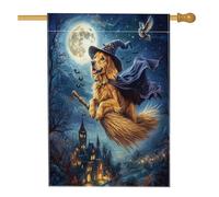 Graziosa bandiera per la casa del cane da strega di Halloween Golden Retriever 71,1 x 101,2 cm su entrambi i lati per esterni decorativa, motivo cucciolo di castello spaventoso, bandiera per la casa