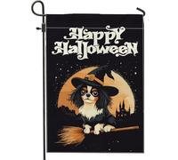 Graziosa bandiera verticale da giardino con strega di Halloween e mento giapponese, 30,5 x 45,7 cm, double-face, per esterni, con immagine di un cucciolo di castello spaventoso, bandiera con stampa