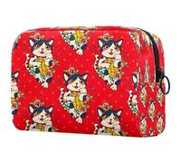 Graziosa borsa per cosmetici da donna, con motivo a cartoni animati giapponesi Neko, con fiori rossi, per articoli da toeletta da viaggio, grande, pratica borsa organizer con cerniera, Multi,