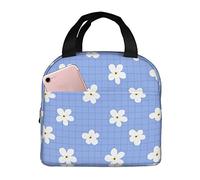 Graziosa borsa per il pranzo con margherite su strisce blu, per donne e uomini, riutilizzabile, con margherite, isolata, con tasca a fronda, per lavoro, picnic, viaggi