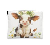 Graziosa borsa per il trucco a forma di mucca, borsa da viaggio da donna, piccola borsa portatile in tela con cerniera, regalo per festival di primavera, bianco, 7x9 Inch