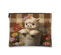 Graziosa borsa per il trucco con alpaca, con motivo floreale, borsa da viaggio per donne e ragazze, piccola borsa portatile in tela con cerniera, borsa da toeletta per cuccioli, 17,8 x 22,9 cm