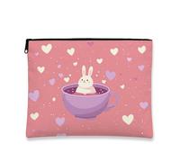 Graziosa borsa per il trucco con coniglietto, adorabile coniglio in tazza, astuccio da viaggio per donne, piccolo organizer portatile in tela con cerniera, scelta perfetta per San Valentino e festival