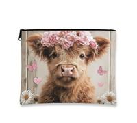 Graziosa borsa per il trucco floreale, con mucca marrone con fiori e farfalle, astuccio da viaggio per donne, piccolo organizer portatile in tela con cerniera, per festival di primavera, Marrone, 7x9