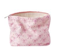 Graziosa borsa per il trucco in morbido velluto a coste con cerniera, astuccio estetico a coquette con motivo a fiocco rosa, per donne e ragazze, per riporre pennelli e cosmetici da viaggio, 05Fiocco