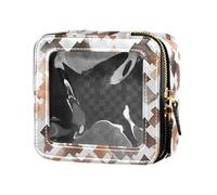 Graziosa borsa per il trucco trasparente con frutta, banane, mele, pere, stile scandinavo, da viaggio, organizer portatile per cosmetici per donne e ragazze, Pied de poule marrone, Taglia unica