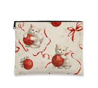 Graziosa borsa per il trucco vintage, con gattini rossi, borsa da viaggio per cosmetici, da donna, piccola borsa portatile in tela con cerniera, borsa da toilette per festival di Natale, Rosso, 7x9