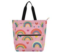 Graziosa borsa tote per bambini, ragazzi e ragazze, arcobaleno e cuori, leggera, riutilizzabile, borsa da spiaggia con cerniera, per università, shopping, spiaggia, arcobaleno