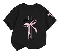 Graziosa camicia a maniche corte con motivo floreale per bambini in morbido cotone, versatile da indossare tutti i giorni, Nero , 5-6 Anni