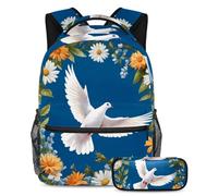 Graziosa colomba e fiore migliora lo stile della tua scuola, zaino con astuccio, set da 2 pezzi, borsa da viaggio ideale per ragazzi, ragazze e adolescenti, Multicolore, B:29.4x20x40cm\