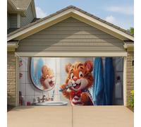 Graziosa copertura per porta del garage con tigre dei cartoni animati, grandi denti che lavano i denti, decorazione per bambini, divertente sfondo per giochi all'aperto, 390 x 180