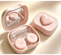 Graziosa custodia per lenti a contatto con bottiglia per soluzione a specchio, kit di strumenti per la rimozione di lenti a contatto da viaggio, per uso quotidiano all'aperto a forma di cuore, rosa
