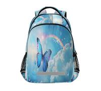 Graziosa farfalla blu che vola su un cielo colorato con un arcobaleno gigante zaini per bambini borsa scuola zaino studente bookbag per ragazzi ragazze borsa casual, Farfalla blu carina che vola su un