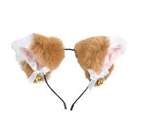 Graziosa fascia per capelli con orecchie di gatto in peluche con fiocco a campana, collezione di orecchie di gatto e volpe, multicolore (caffè chiaro + bianco)