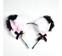 Graziosa fascia per capelli con orecchie di gatto in peluche con fiocco a campana, collezione multicolore opzionale per capelli con orecchie di gatto e volpe (bianco + nero)