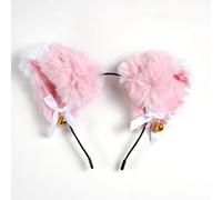 Graziosa fascia per capelli con orecchie di gatto in peluche con fiocco a campana, collezione multicolore opzionale per capelli con orecchie di gatto e volpe (rosa + bianco)